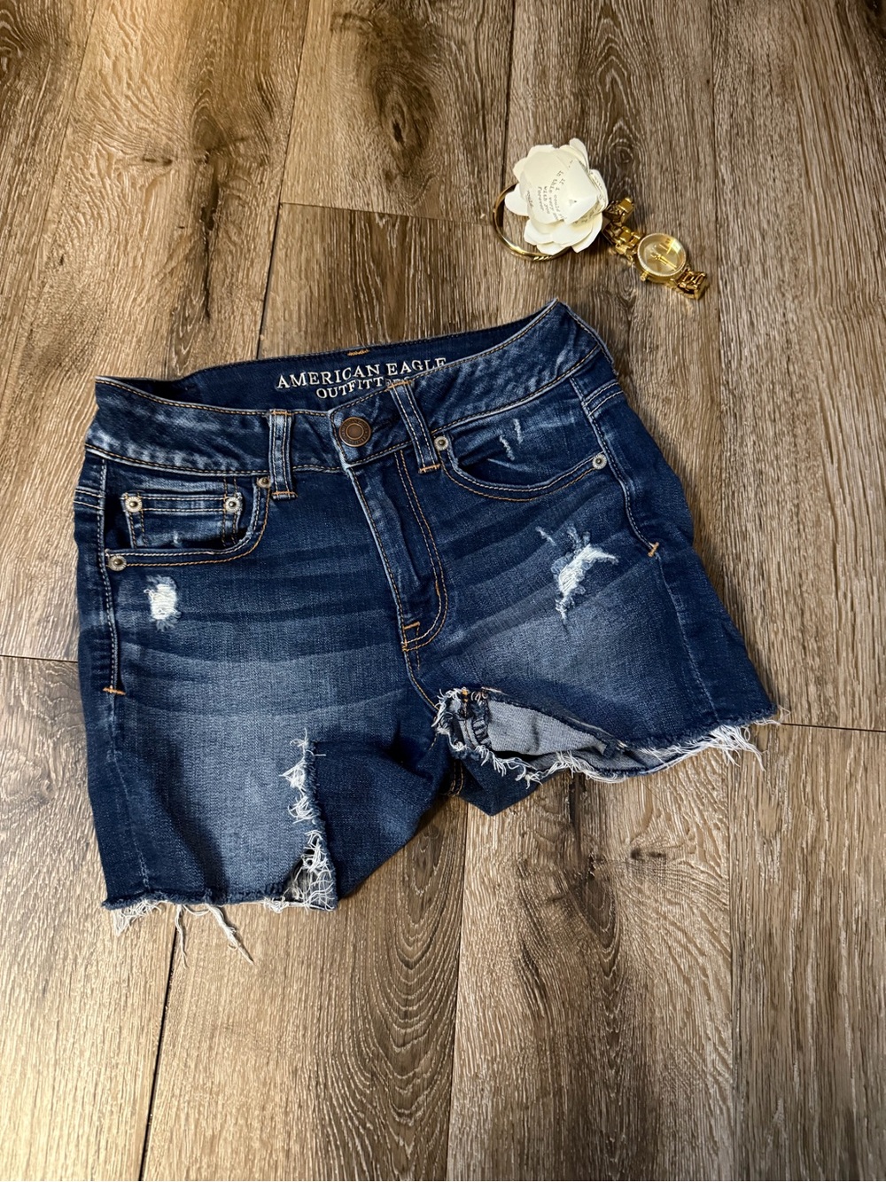 American Eagle Outfitters Dark Blue Distressed Denim Cutoff Shorts